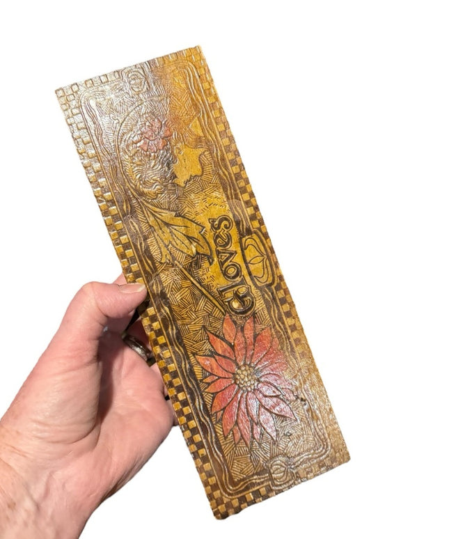 Vintage 1960s Wood Embossed carved painted Gloves Box with Floral Design