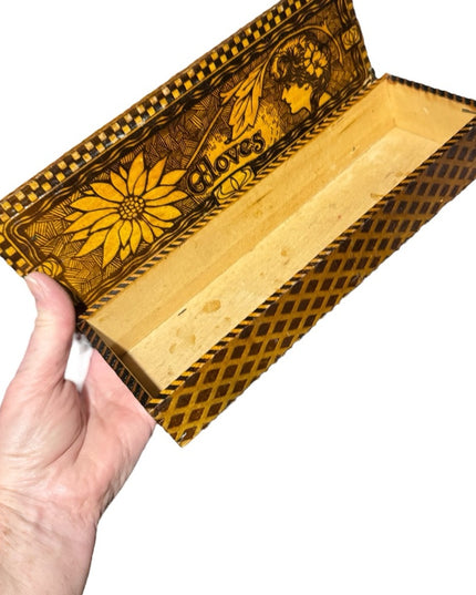 Vintage 1960s Wood Embossed carved painted Gloves Box with Floral Design