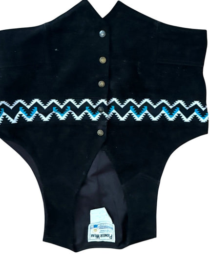Vintage Pioneer Wear Southwestern Black Suede Vest Blue White Zigzag Pattern
