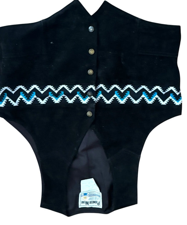 Vintage Pioneer Wear Southwestern Black Suede Vest Blue White Zigzag Pattern