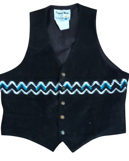 Vintage Pioneer Wear Southwestern Black Suede Vest Blue White Zigzag Pattern