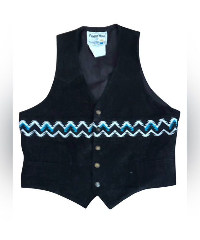 Vintage Pioneer Wear Southwestern Black Suede Vest Blue White Zigzag Pattern