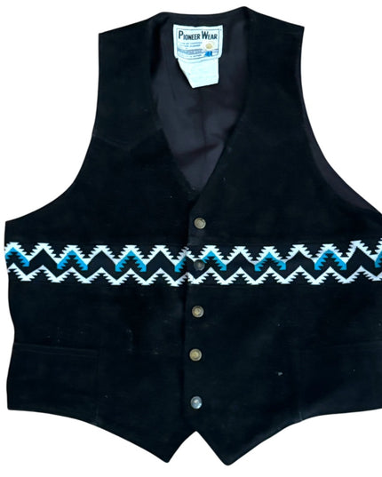 Vintage Pioneer Wear Southwestern Black Suede Vest Blue White Zigzag Pattern