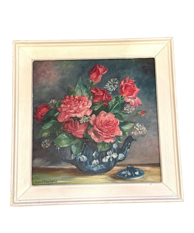 Floral Vintage colorful signed oil painting on glass Still Life Framed Art