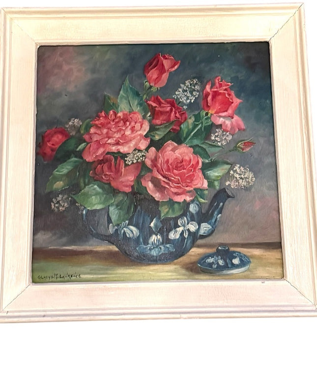 Floral Vintage colorful signed oil painting on glass Still Life Framed Art