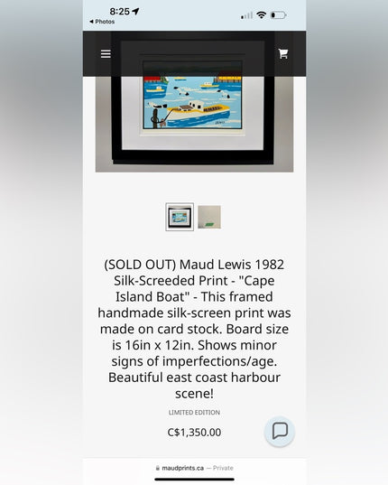 RARE Maud Lewis 1982 Silk-Screeded Print Cape Island Boat Board 16in x 12in.