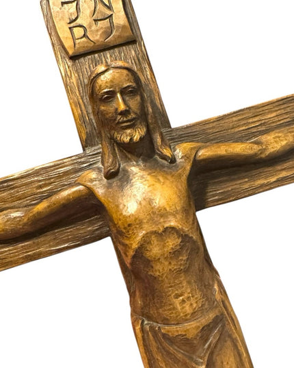 Antique  French signed Hand made Carved detailed Wooden Jesus Crucifix Wall Huge