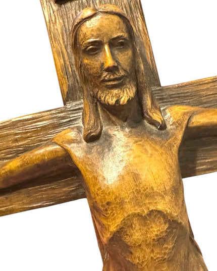 Antique  French signed Hand made Carved detailed Wooden Jesus Crucifix Wall Huge