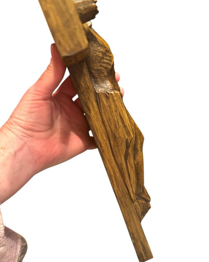 Antique  French signed Hand made Carved detailed Wooden Jesus Crucifix Wall Huge