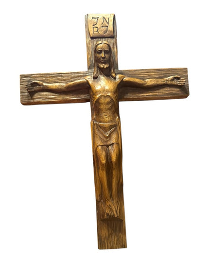 Antique  French signed Hand made Carved detailed Wooden Jesus Crucifix Wall Huge