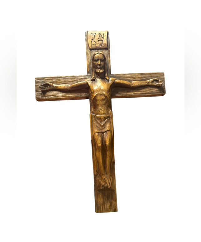 Antique  French signed Hand made Carved detailed Wooden Jesus Crucifix Wall Huge