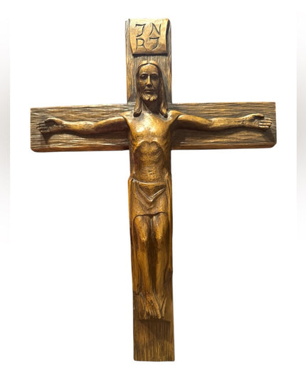 Antique  French signed Hand made Carved detailed Wooden Jesus Crucifix Wall Huge