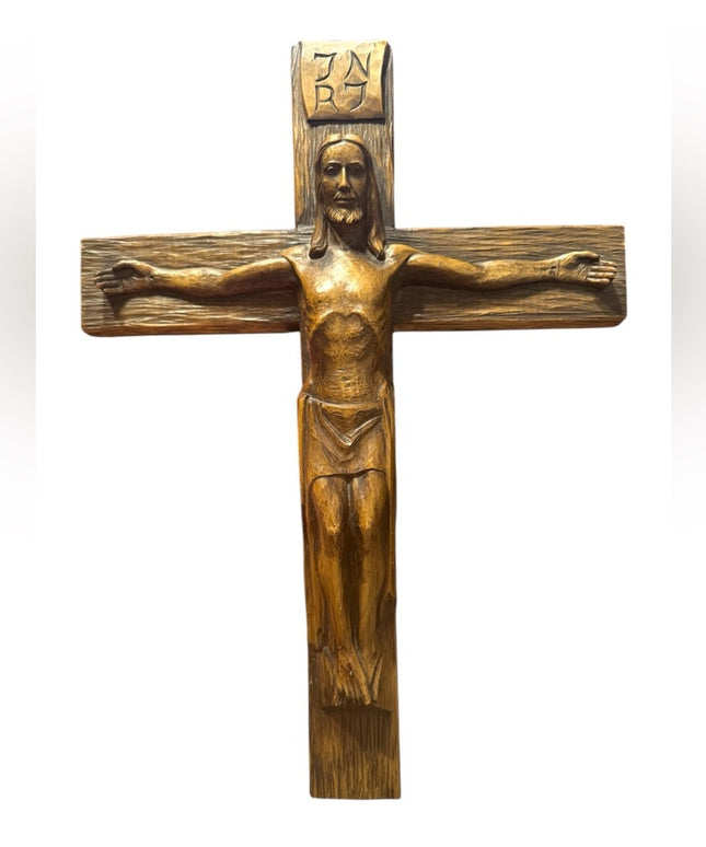 Antique  French signed Hand made Carved detailed Wooden Jesus Crucifix Wall Huge