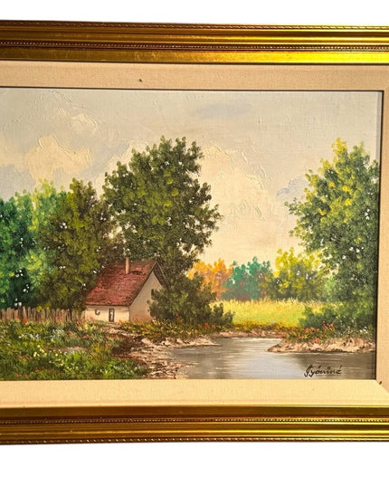 Vintage signed Oil painting Framed Landscape  with Gold gilt Frame