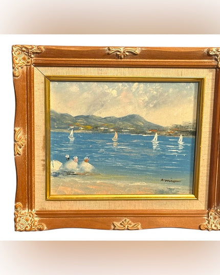 Vintage signed oil painting wood Framed Sailboat Coastal Nautical beach scene