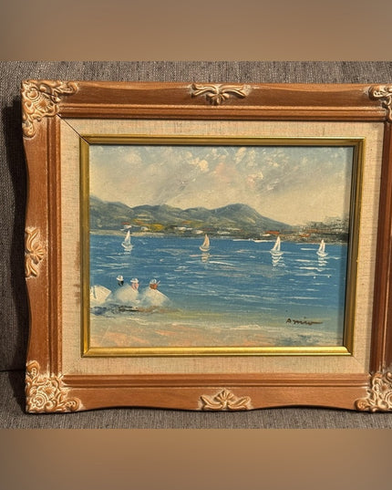 Vintage signed oil painting wood Framed Sailboat Coastal Nautical beach scene