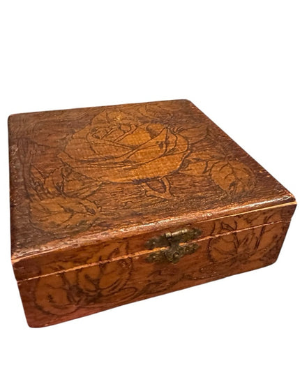 Antique wooden Handmade carved Wooden Jewelry Box with Rose Design