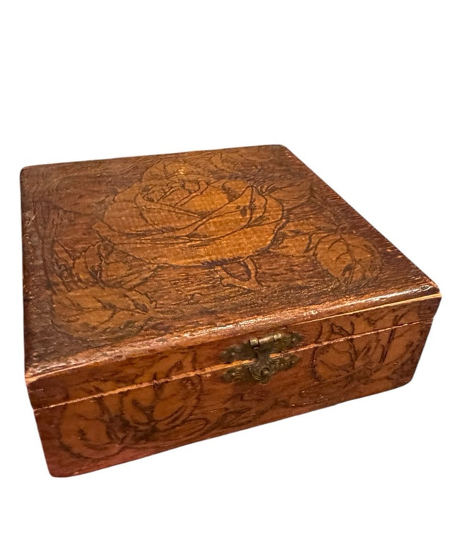 Antique wooden Handmade carved Wooden Jewelry Box with Rose Design