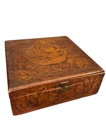Antique wooden Handmade carved Wooden Jewelry Box with Rose Design