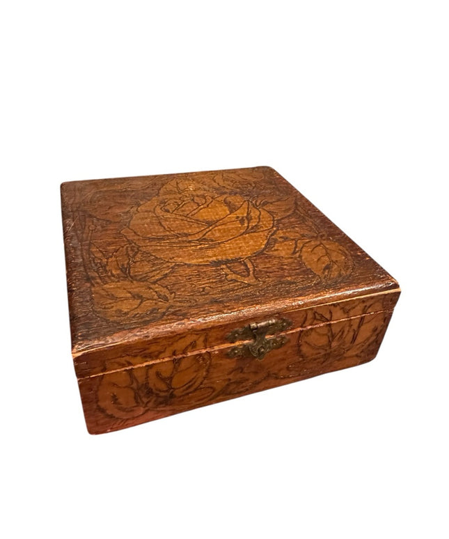 Antique wooden Handmade carved Wooden Jewelry Box with Rose Design