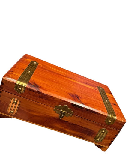 Vintage 1970s Wooden Cedar Jewelry box trinket  with Brass Accents