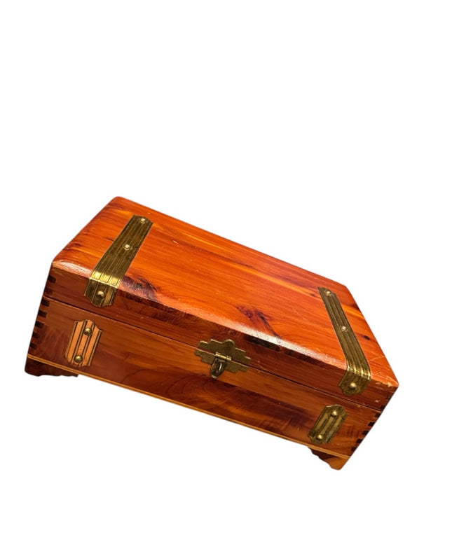 Vintage 1970s Wooden Cedar Jewelry box trinket  with Brass Accents