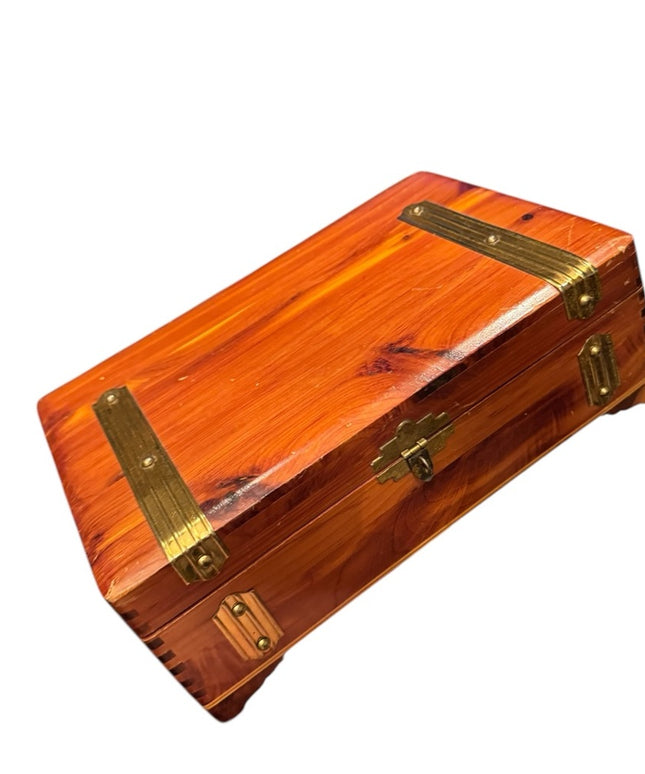 Vintage 1970s Wooden Cedar Jewelry box trinket  with Brass Accents