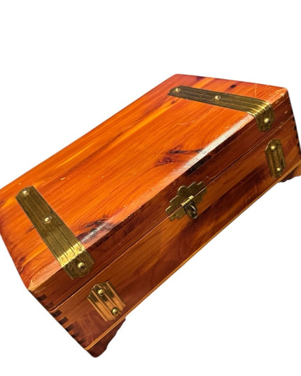 Vintage 1970s Wooden Cedar Jewelry box trinket  with Brass Accents