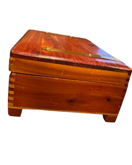 Vintage 1970s Wooden Cedar Jewelry box trinket  with Brass Accents
