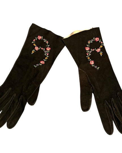 Vintage 1960s  Doeskin suede Embroidered floral Black Gloves with Flower Design