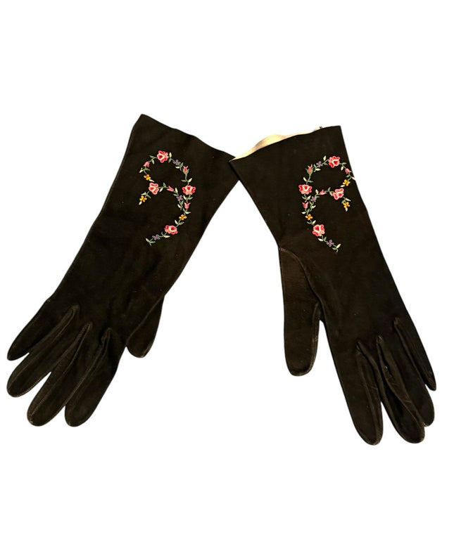 Vintage 1960s  Doeskin suede Embroidered floral Black Gloves with Flower Design