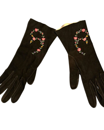 Vintage 1960s  Doeskin suede Embroidered floral Black Gloves with Flower Design