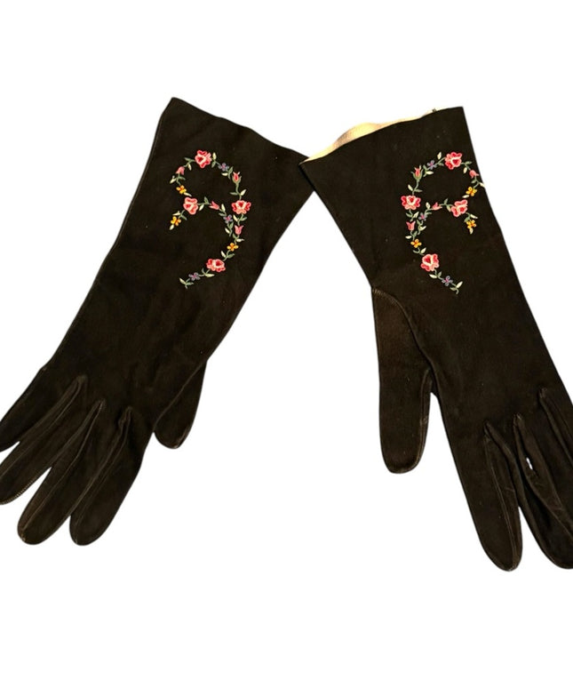Vintage 1960s  Doeskin suede Embroidered floral Black Gloves with Flower Design
