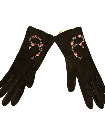 Vintage 1960s  Doeskin suede Embroidered floral Black Gloves with Flower Design