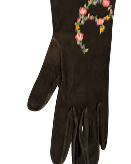 Vintage 1960s  Doeskin suede Embroidered floral Black Gloves with Flower Design