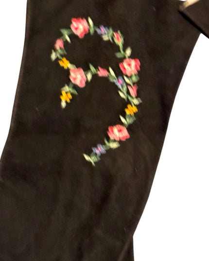 Vintage 1960s  Doeskin suede Embroidered floral Black Gloves with Flower Design