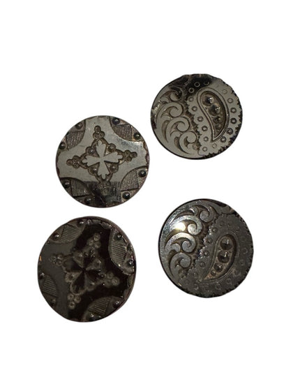 4 Antique Victorian Black glass carved scrollwork Decorative Buttons 1800s
