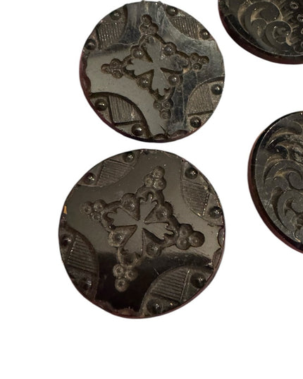 4 Antique Victorian Black glass carved scrollwork Decorative Buttons 1800s