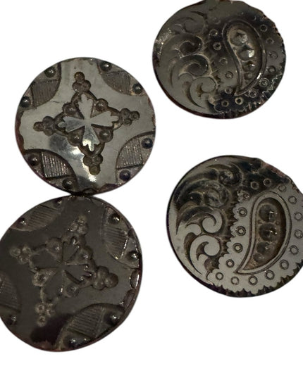 4 Antique Victorian Black glass carved scrollwork Decorative Buttons 1800s
