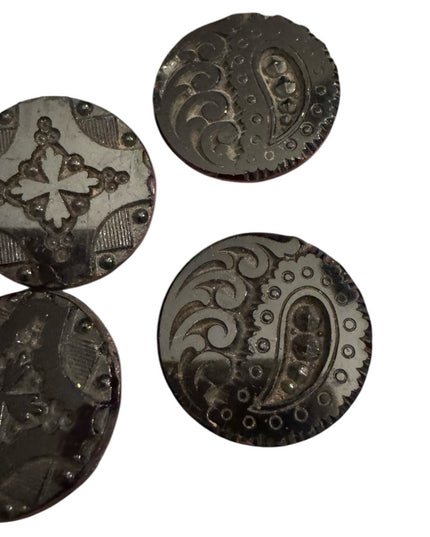 4 Antique Victorian Black glass carved scrollwork Decorative Buttons 1800s