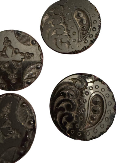 4 Antique Victorian Black glass carved scrollwork Decorative Buttons 1800s