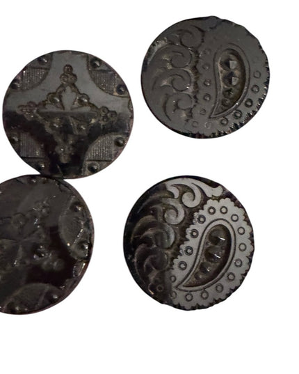 4 Antique Victorian Black glass carved scrollwork Decorative Buttons 1800s