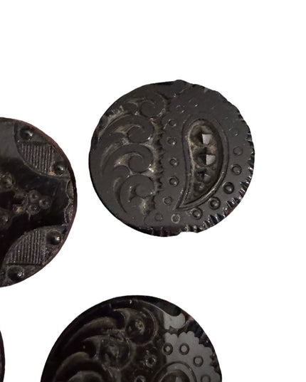 4 Antique Victorian Black glass carved scrollwork Decorative Buttons 1800s
