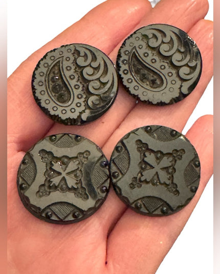 4 Antique Victorian Black glass carved scrollwork Decorative Buttons 1800s