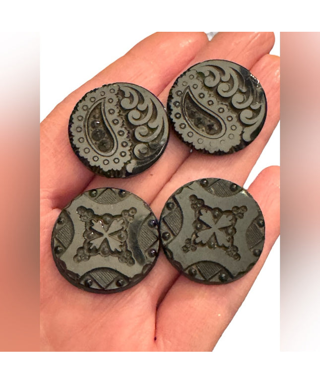 4 Antique Victorian Black glass carved scrollwork Decorative Buttons 1800s