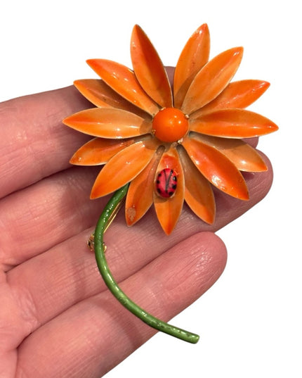 Vintage "Original by Robert" Enamel Orange Daisy Flower with Lady Bug Brooch Pin