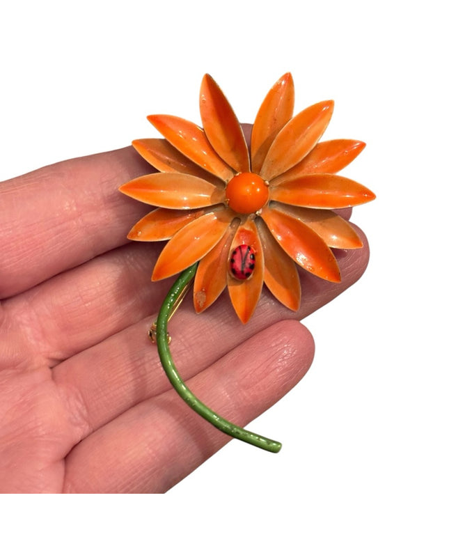 Vintage "Original by Robert" Enamel Orange Daisy Flower with Lady Bug Brooch Pin