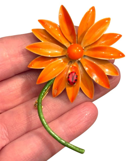 Vintage "Original by Robert" Enamel Orange Daisy Flower with Lady Bug Brooch Pin