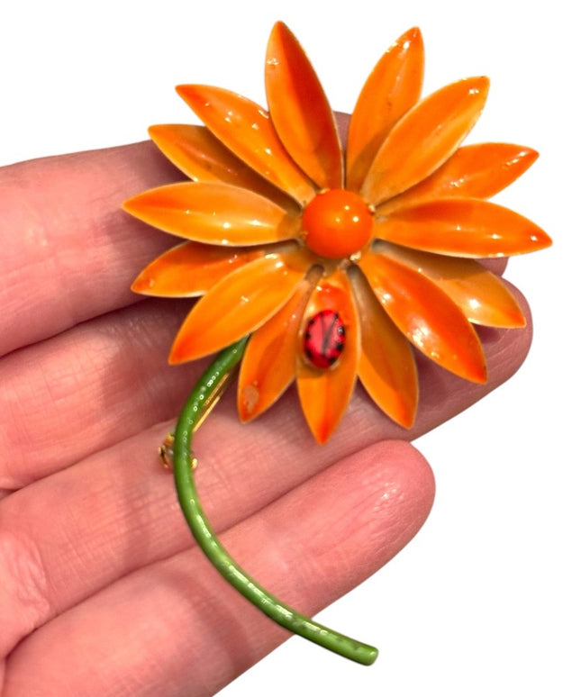 Vintage "Original by Robert" Enamel Orange Daisy Flower with Lady Bug Brooch Pin