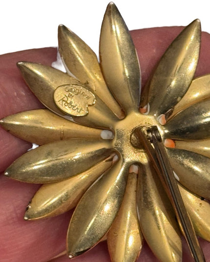 Vintage "Original by Robert" Enamel Orange Daisy Flower with Lady Bug Brooch Pin